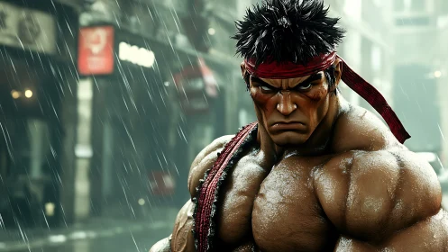 Rain-soaked street warrior glowers through the stormy city.