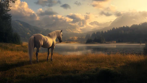 White horse beside alpine lake at golden sunrise.