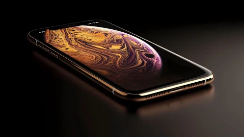 Modern smartphone with gold frame on dark reflective surface, elegant style.