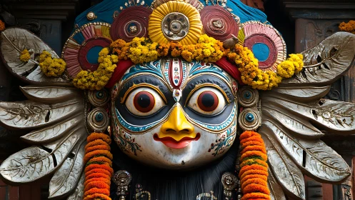 Vibrant ceremonial deity mask with marigold floral garlands.