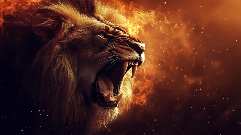 Lion profile displays open jaw against stylized fiery backdrop