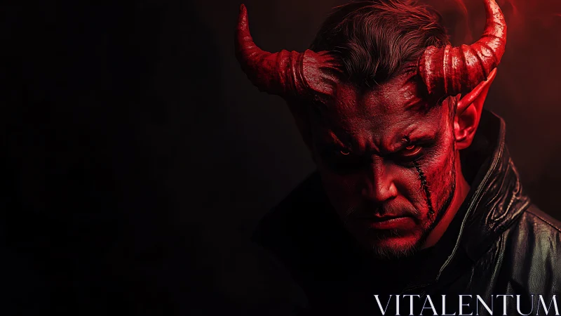 Sinister horned demon portrait under brooding red light.