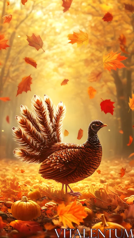 Autumn turkey queen struts through a glowing leafstorm forest.