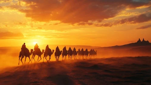 Camel caravan silhouetted in desert dust under vivid sunset sky