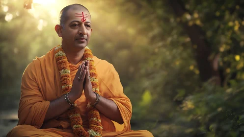 Meditating monk greets sunrise in a tranquil forest glow