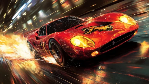 Blazing red sports car exploding through neon city streets.