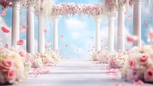 Romantic floral colonnade wedding aisle in soft daylight.