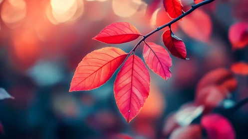 Gentle autumn leaves glow softly in warm evening light