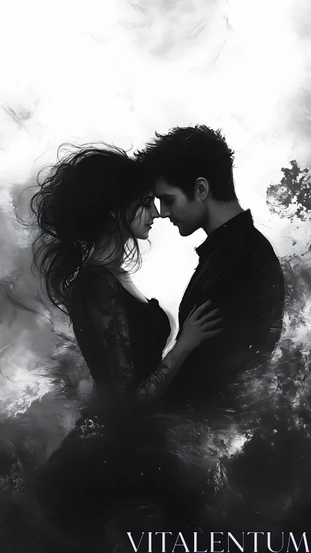 Two figures in silhouette share an intimate moment amid smoke.