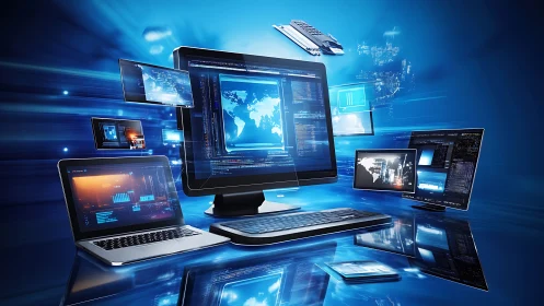 Screens in orbit craft a luminous data galaxy of code and light.