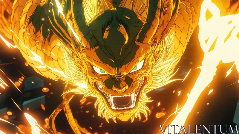 Fiery golden dragon head in dynamic frontal perspective.