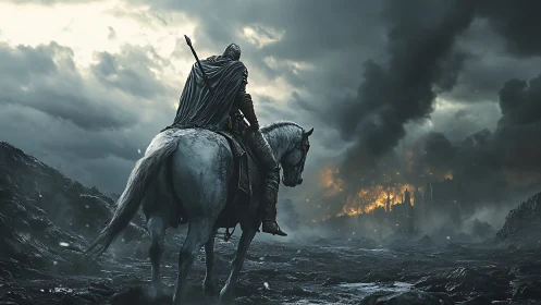 Lone armored rider watching a distant city burn at dusk.