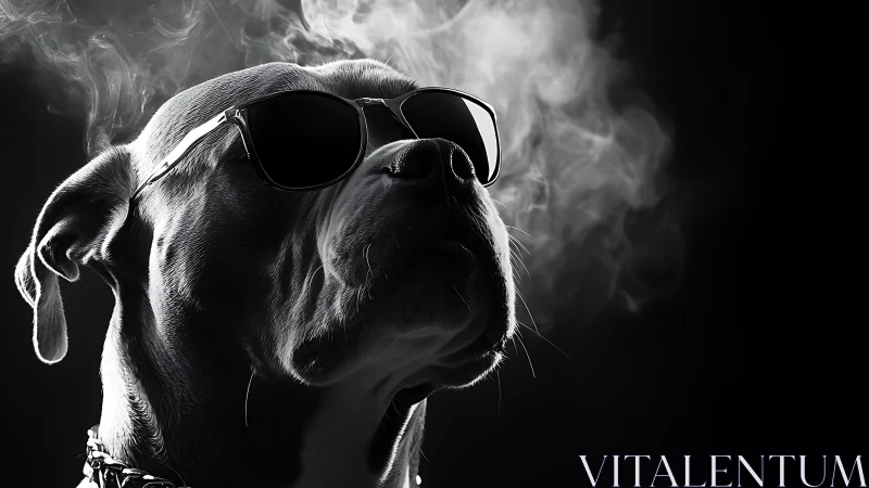 Cool dog in sunglasses emerges through dramatic swirling smoke
