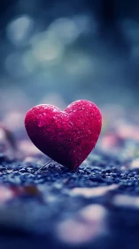 Crimson Heart Symbol on Stone Surface with Bokeh Sky.