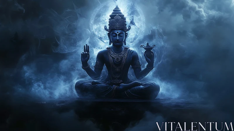 Seated multi-armed deity figure in blue atmospheric mist.