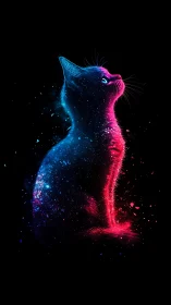 Neon Feline Dream: Cat Dissolving in Vibrant Light Particles.