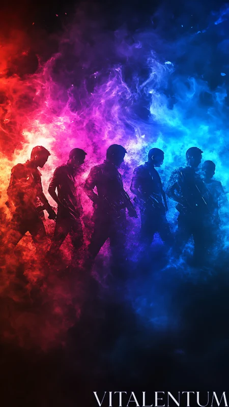 Silhouetted figures in red to blue gradient smoke field.