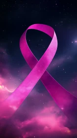 Pink awareness ribbon floats vertically against starry sky
