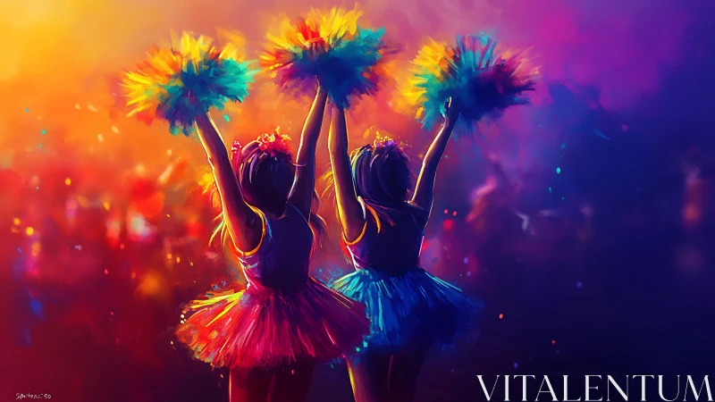 Vibrant digital painting of two cheerleaders in neon light.