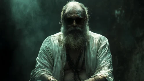 Elderly bearded man in sunglasses seated in dim light.