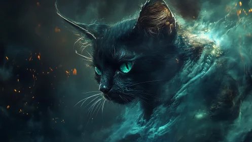 Mystical Black Cat with Glowing Eyes and Ethereal Energy