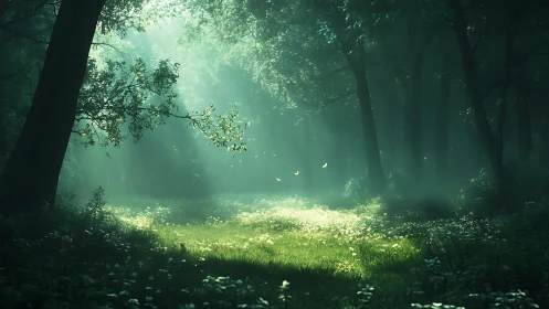 Ethereal Forest Clearing with Radiant Golden Light Rays.