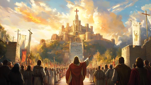 Crusader procession ascends sunlit hill fortress cathedral