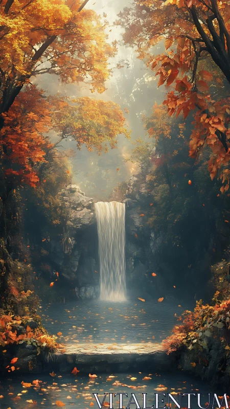 Autumn waterfall sanctuary where drifting leaves whisper quiet spells.