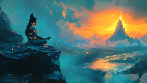 Meditating deity watches glowing mountain at sunrise.