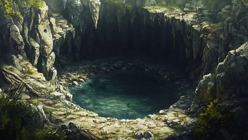 Sunken forest cenote with rocky rim and emerald basin.