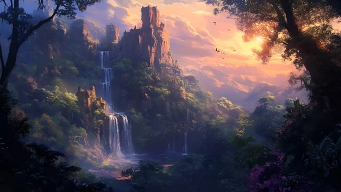 Digital landscape rendering: cascading waterfalls framed by towering rock formations with golden hou