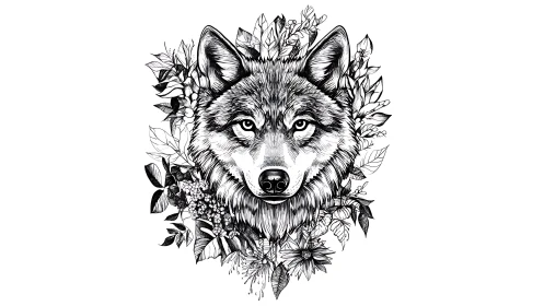 Wolf head ink illustration with botanical floral frame.