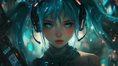 Cyan-haired virtual idol stares through a neon cyber dream.