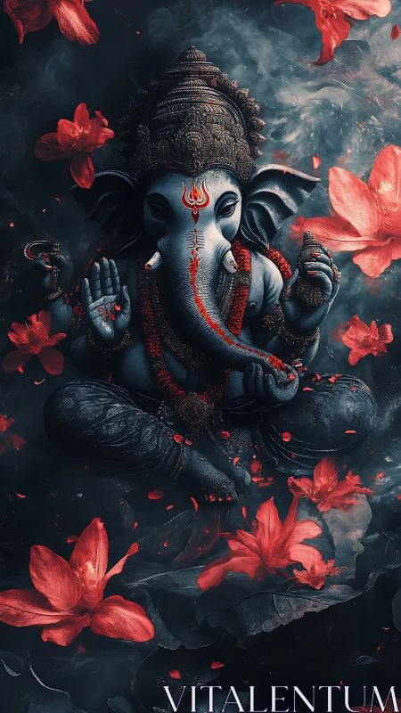 Divine Ganesha meditates in swirling crimson petals and mist