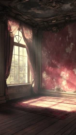 Sunlit decayed parlor with ornate ceiling and red walls.