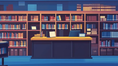 Modern library reference desk with digital workstations.