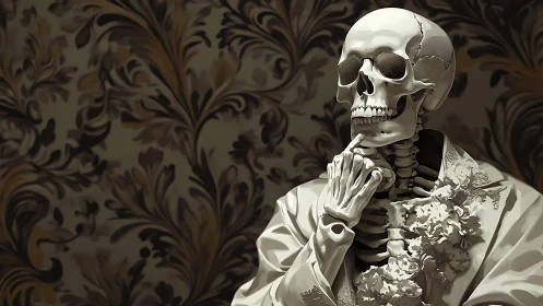 Skeleton in ornate suit posed thoughtfully before patterned wall