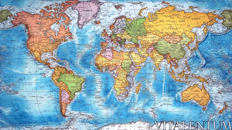Political world map with pastel continents and blue oceans.