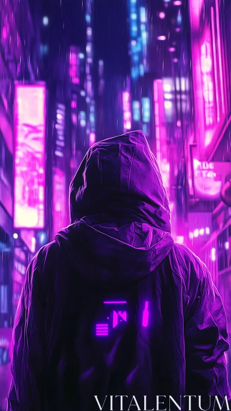 Hooded figure in neon purple city street at night scene.