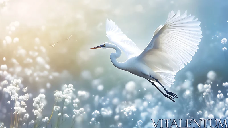White heron in flight above flowering plants under bright sky