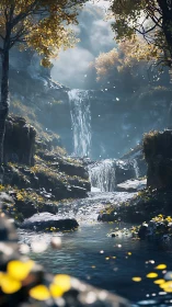Digital painting of tiered woodland waterfall in autumn light.