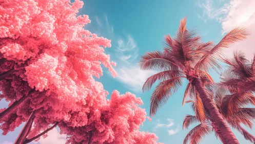 Contrasting pink foliage and palm trees under cyan daylight sky
