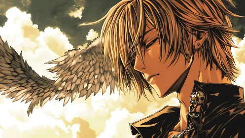 Brooding skyborne angel in bronze light and quiet defiance.