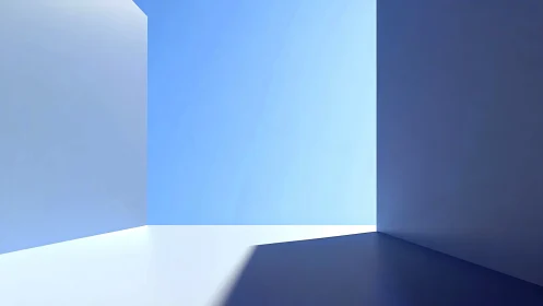 Minimalist blue architectural volume with hard-edged planar shadows