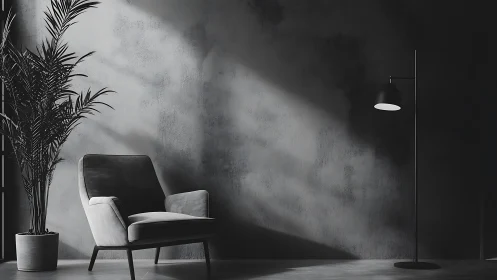 Cozy monochrome reading corner washed in gentle daylight.