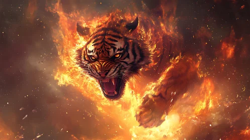 Infernal tiger lunging through swirling cinematic flames.