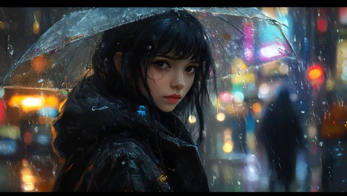 Nocturnal city portrait under rain-soaked transparent umbrella.