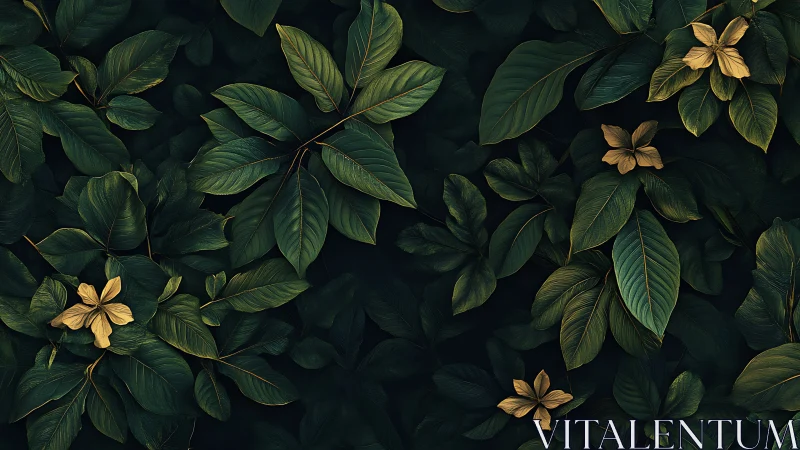 Golden blossoms resting gently among deep green leaves.