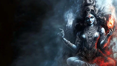 Dark goddess avatar wreathed in smoke and elemental fire.