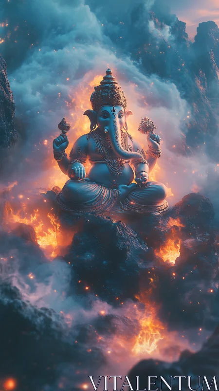 Elephant-headed deity statue seated amid glowing volcanic lava
